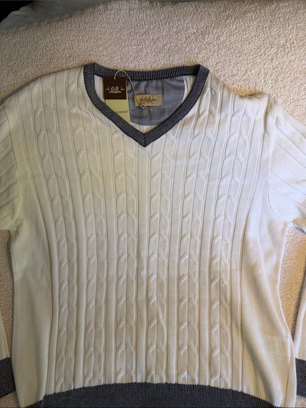 Montechiaro Men's Cream Cable Knit V-Neck Sweater with Gray Trim